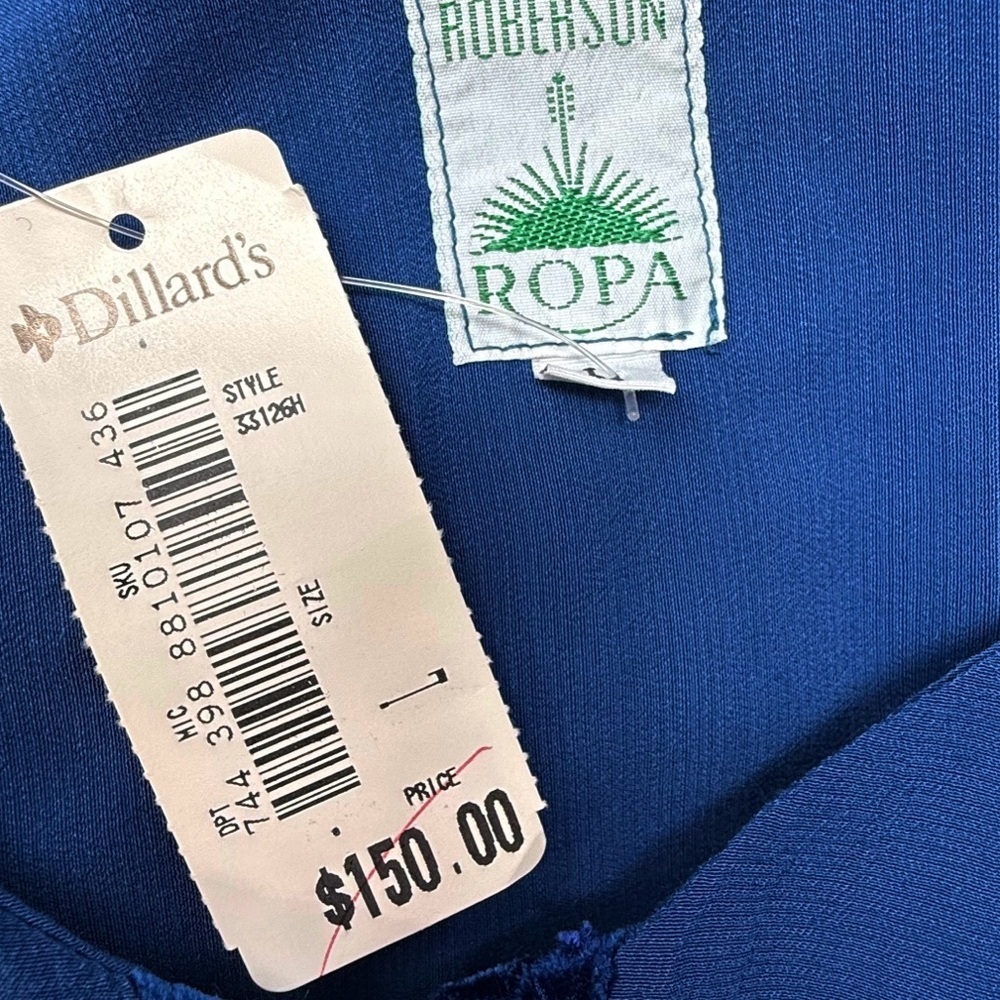 Hairston Roberson Ropa Blue Rayon Blouse Velvet Trim Ruffle Sleeve Women’s Large - Picture 6 of 10
